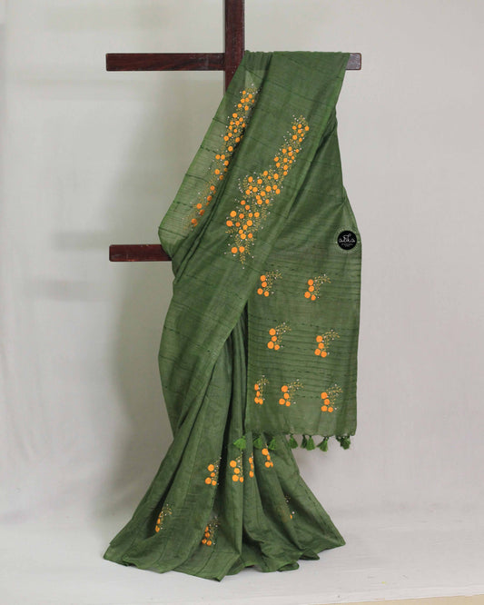 Green Semi Linen Saree with Floral Hand Embroidery