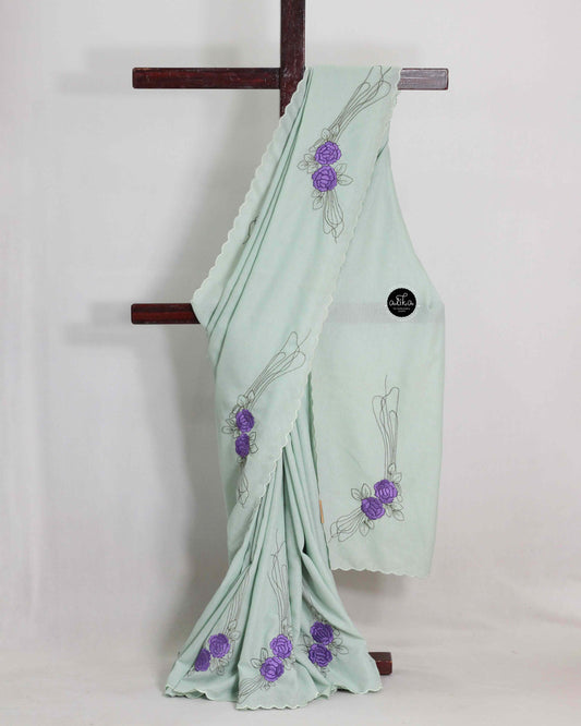 LIGHT GREEN SOFT SILK SAREE WITH VIOLET FLORAL MACHINE EMBROIDERY
