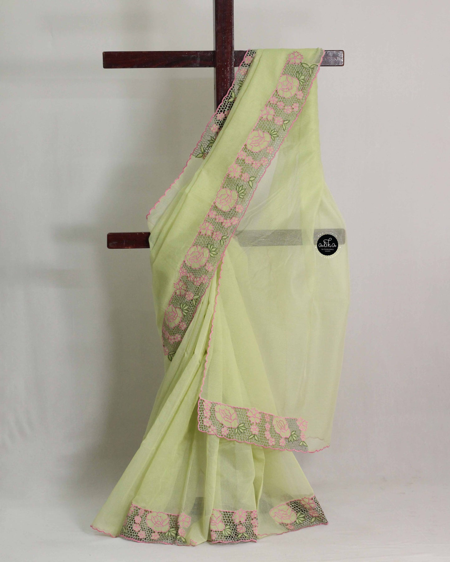 Pista Green Kota Saree with Pink Floral Cutwork