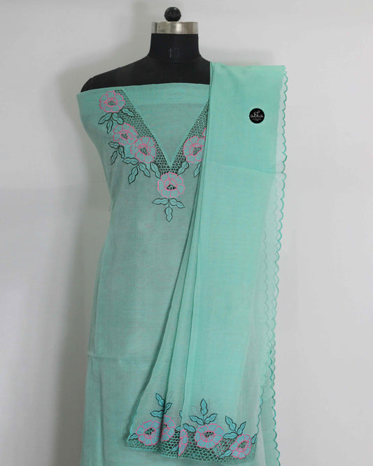 Pista Green Unstitched Top and Dupatta with Floral Cutwork