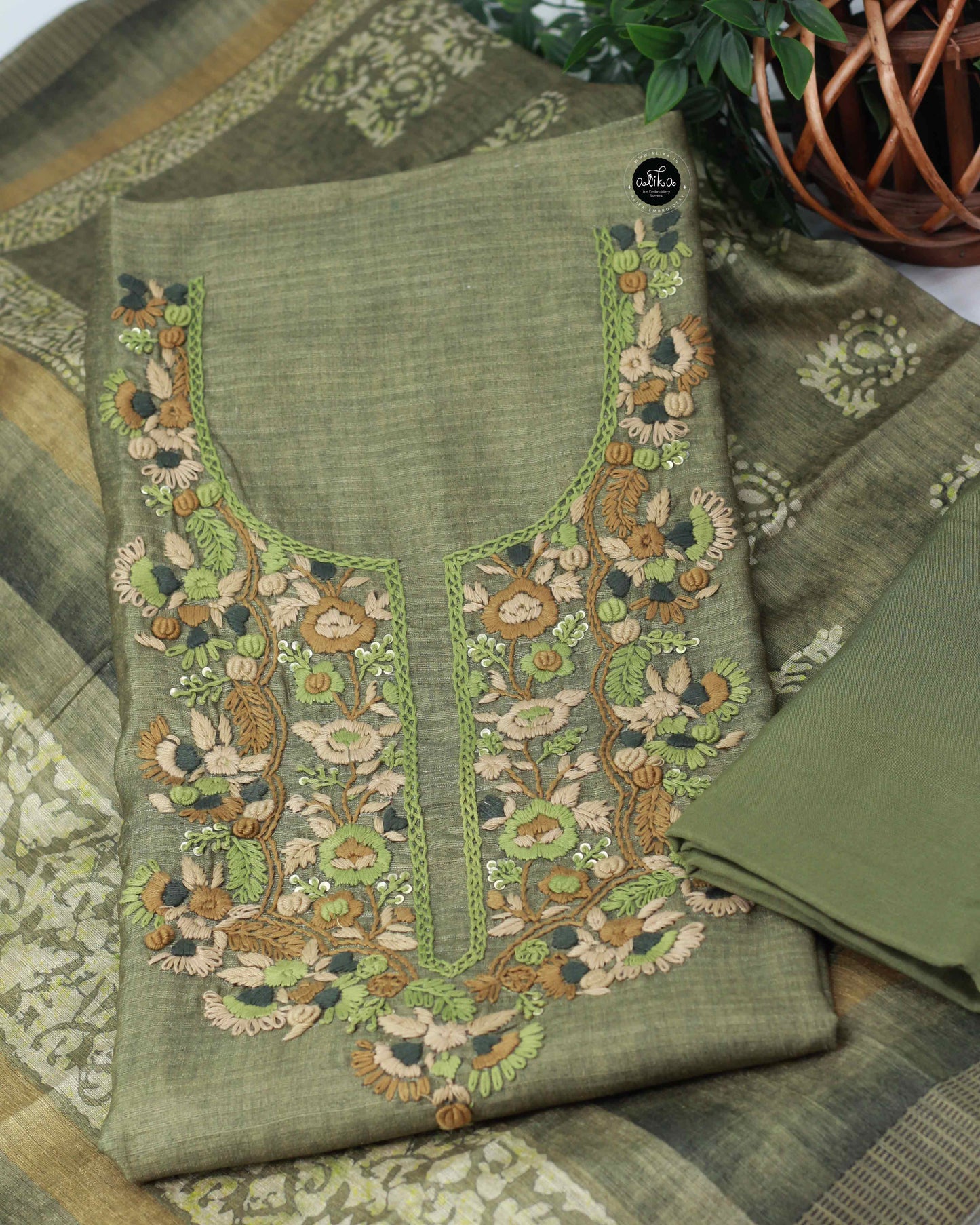 Green Semi Silk Unstitched Salwar Set with Floral Hand Embroidery