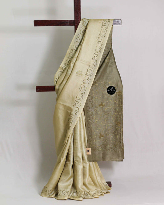 Double Shaded Tussar Silk Saree with Floral Embroidery