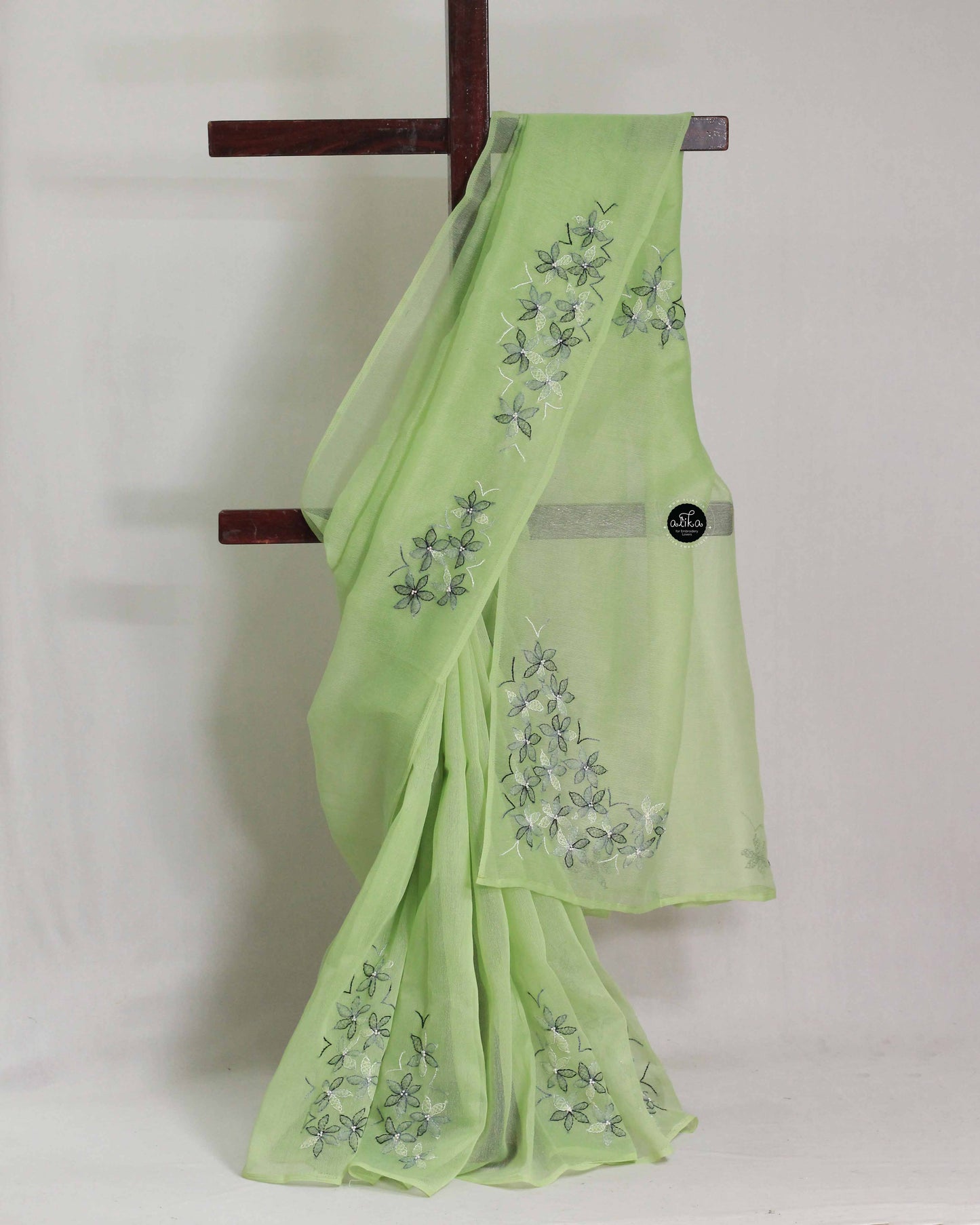 Light Green Kota Saree with Floral Shadow Work Embroidery