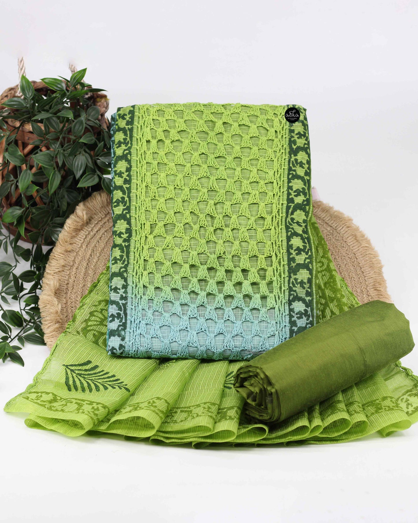 Green Double-Shaded Printed Unstitched Salwar Set with Centre Crochet Work