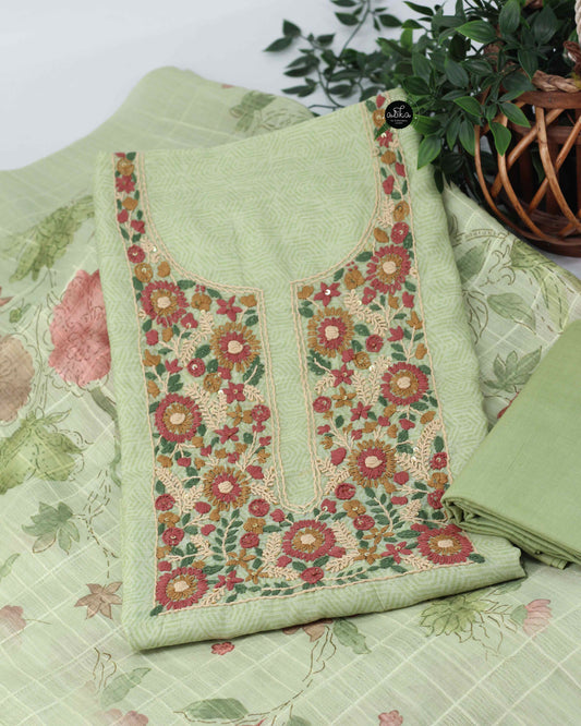 Pista Green Chanderi Unstitched Salwar Set with Floral Hand Embroidery