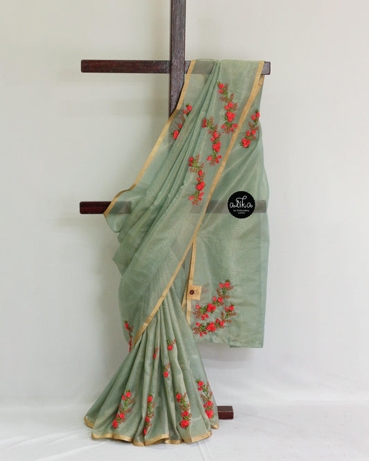 Green Tissue Saree with Ribbon Work – Elegant and Modern Saree by Alika Fashion Store