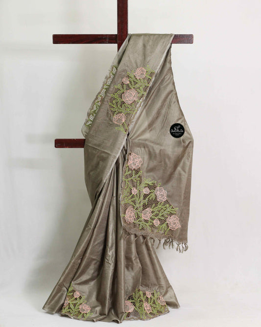 Olive Green Semi Tussar Silk Saree with Floral Twine Cutwork Embroidery