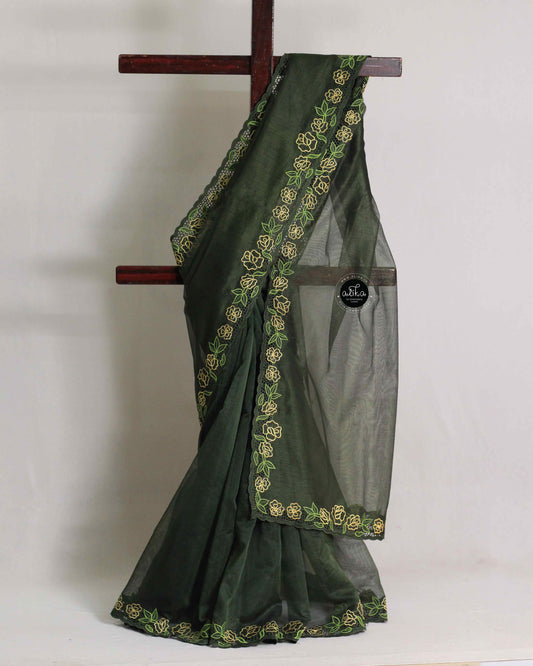 Dark Green Kota Saree with Floral Cutwork Border – Festive Elegance