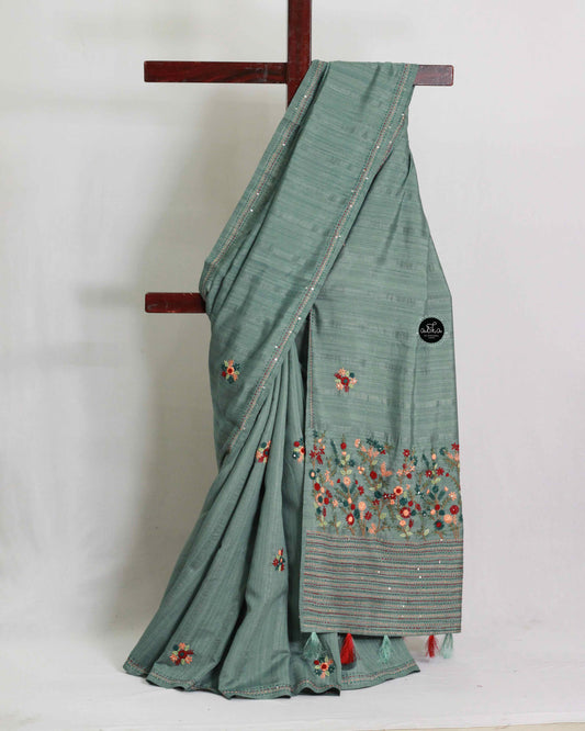 Ocean Green Semi Silk Saree with Floral Hand Embroidery & Sequin Work
