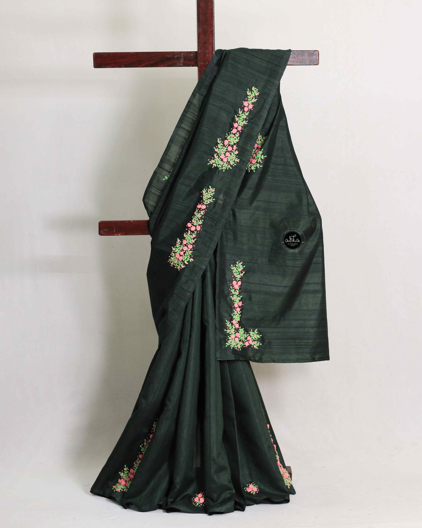 Dark Green Semi Silk Saree with Floral Hand Embroidery