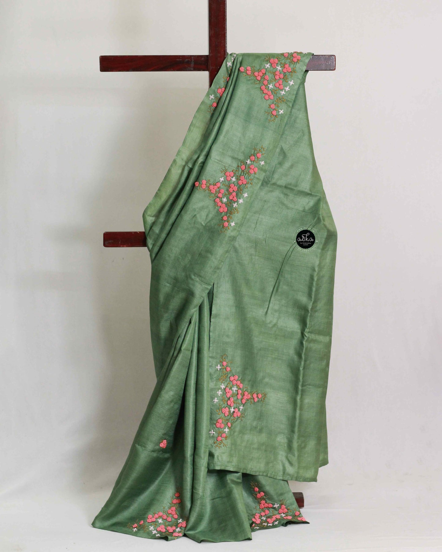 Olive Green Pure Tussar Silk Saree with Floral Hand Embroidery Ethnic Wear