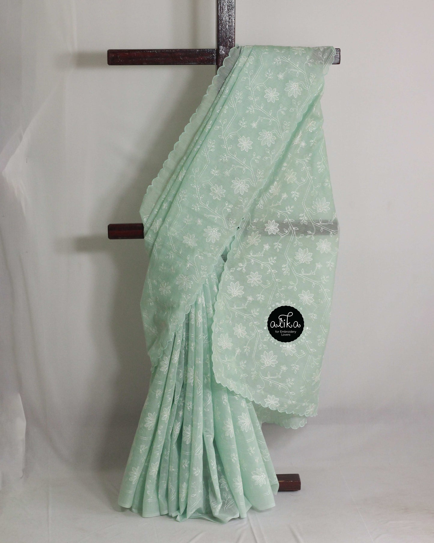 Summer Green Chanderi Saree with Floral Embroidery & Scalloped Border – Alika Fashion Store