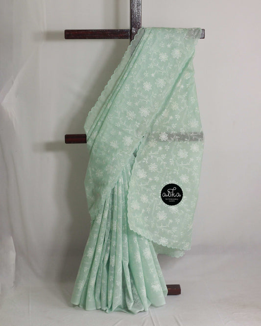 Summer Green Chanderi Saree with Floral Embroidery & Scalloped Border – Alika Fashion Store