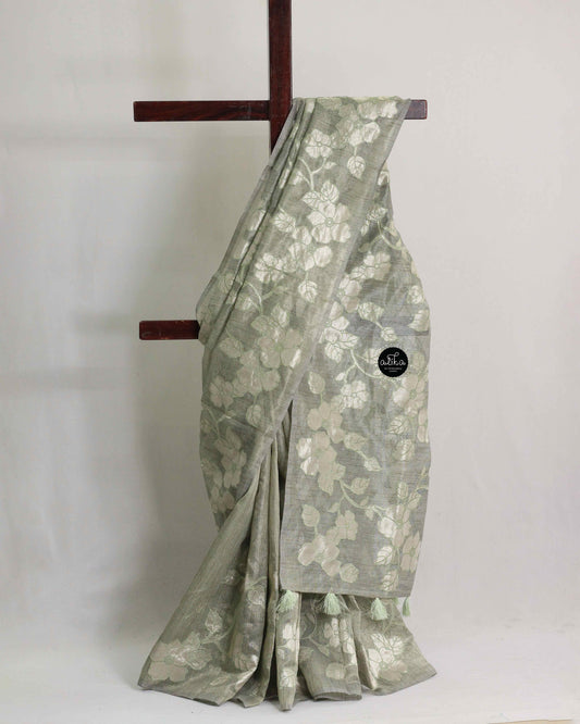 Grey Green Semi Tissue Saree with Floral Appliqué Work – Luxury Designer Wear