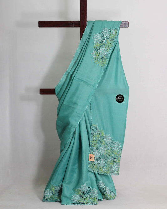 Light Aqua Green Semi Silk Saree with Cutwork