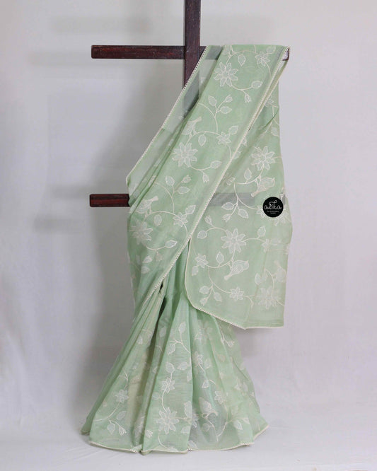 Pastel Green Kota Saree with Floral Applique & Beige Blouse Piece