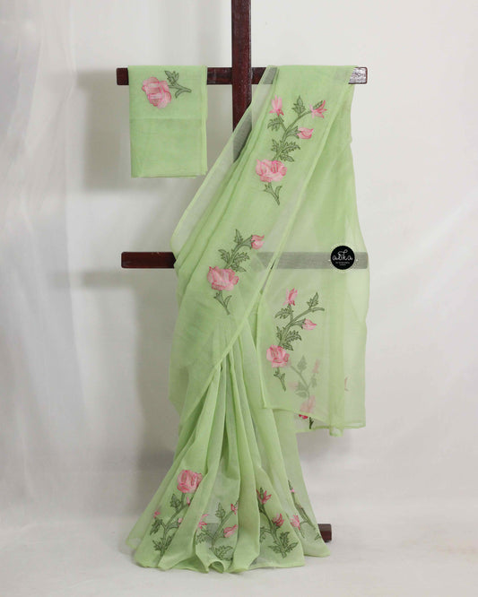 Light Green Kota Saree with Elegant Floral Shadow Work – Alika Fashion Store