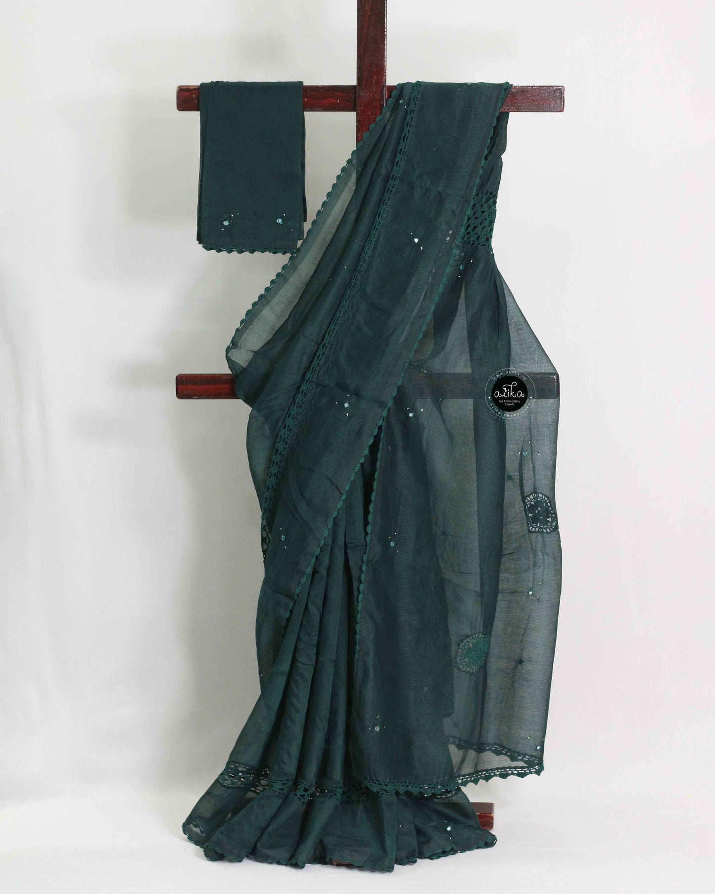 Dark Teal Green Kota Doria Saree with Crochet Detailing and Mirror Work