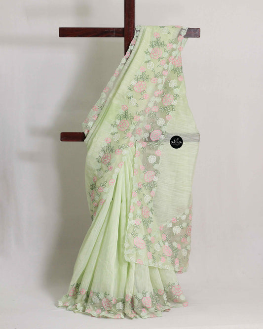 Pastel Green Kota Saree with Organza Applique Embroidery