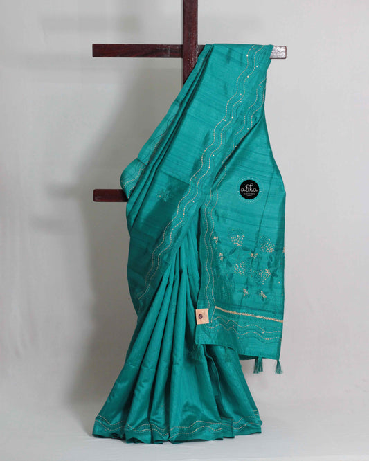 Aqua Green Semi Silk Saree with Floral Hand Embroidery