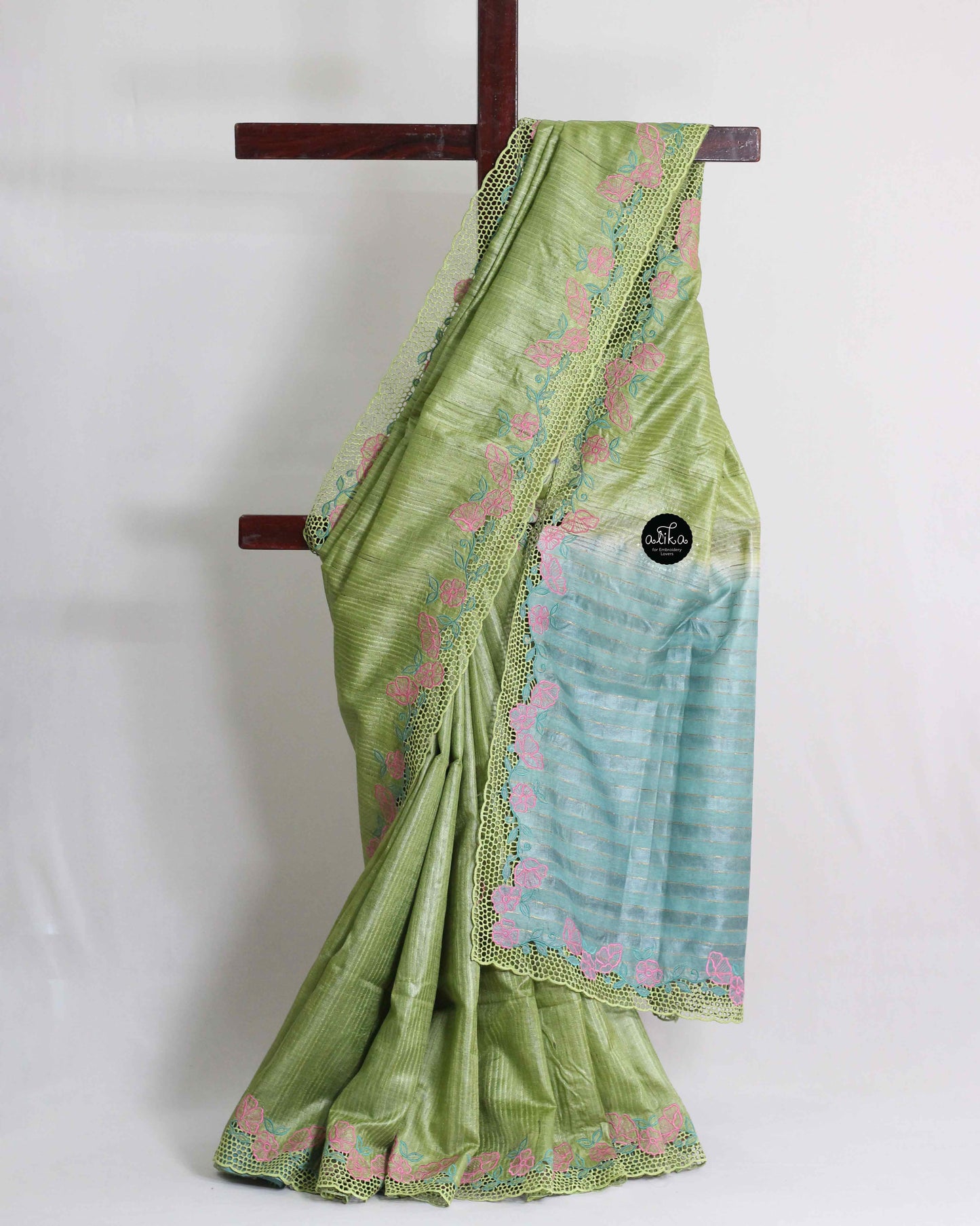 Light Green Double shaded Pure Tussar Silk Saree with Floral Cutwork Border