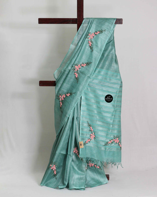 Turquoise Blue Pure Tussar Silk Saree with Floral Hand Embroidery