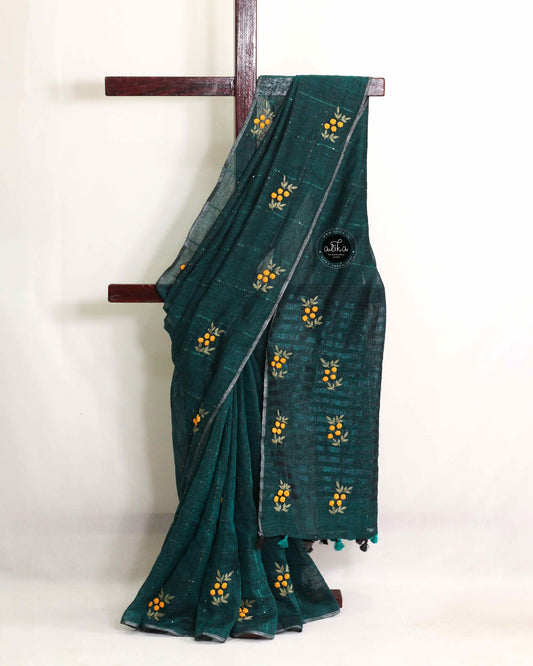 Dark Green Checked Linen Saree with Floral Hand Embroidery & Sequin Work – Alika Fashion Store