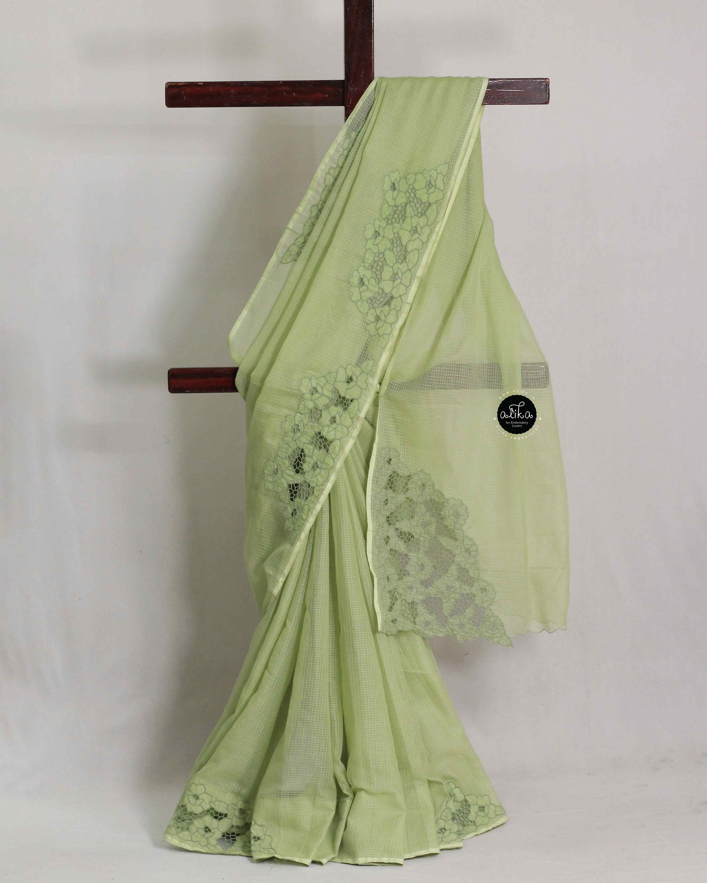 Pistachio Green Cotton Kota Saree with Floral Cutwork Border