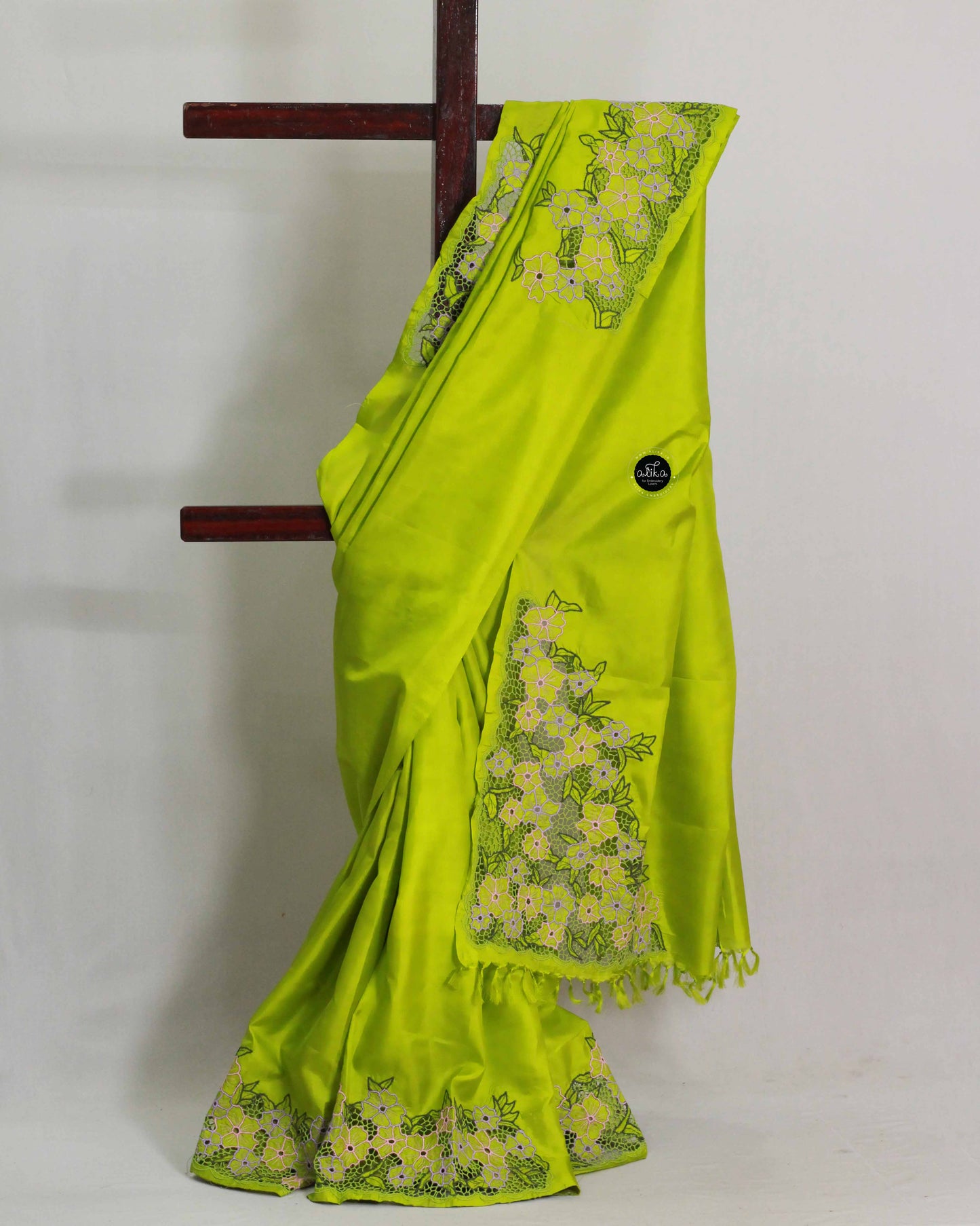 Lime Green Pure Silk Saree with Twine Cutwork