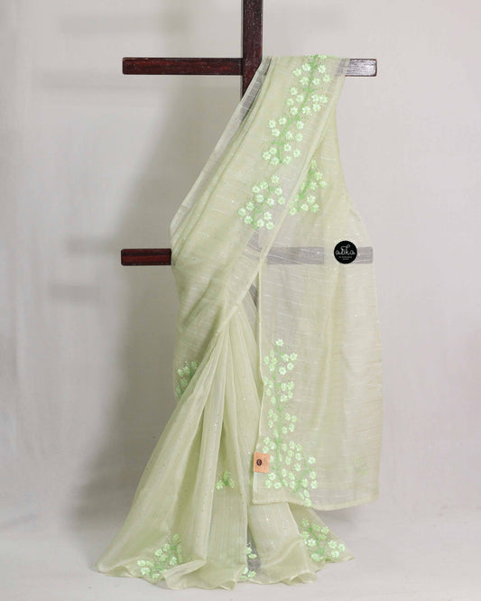 Light Pista Green Organza Saree with Floral Ribbon Embroidery