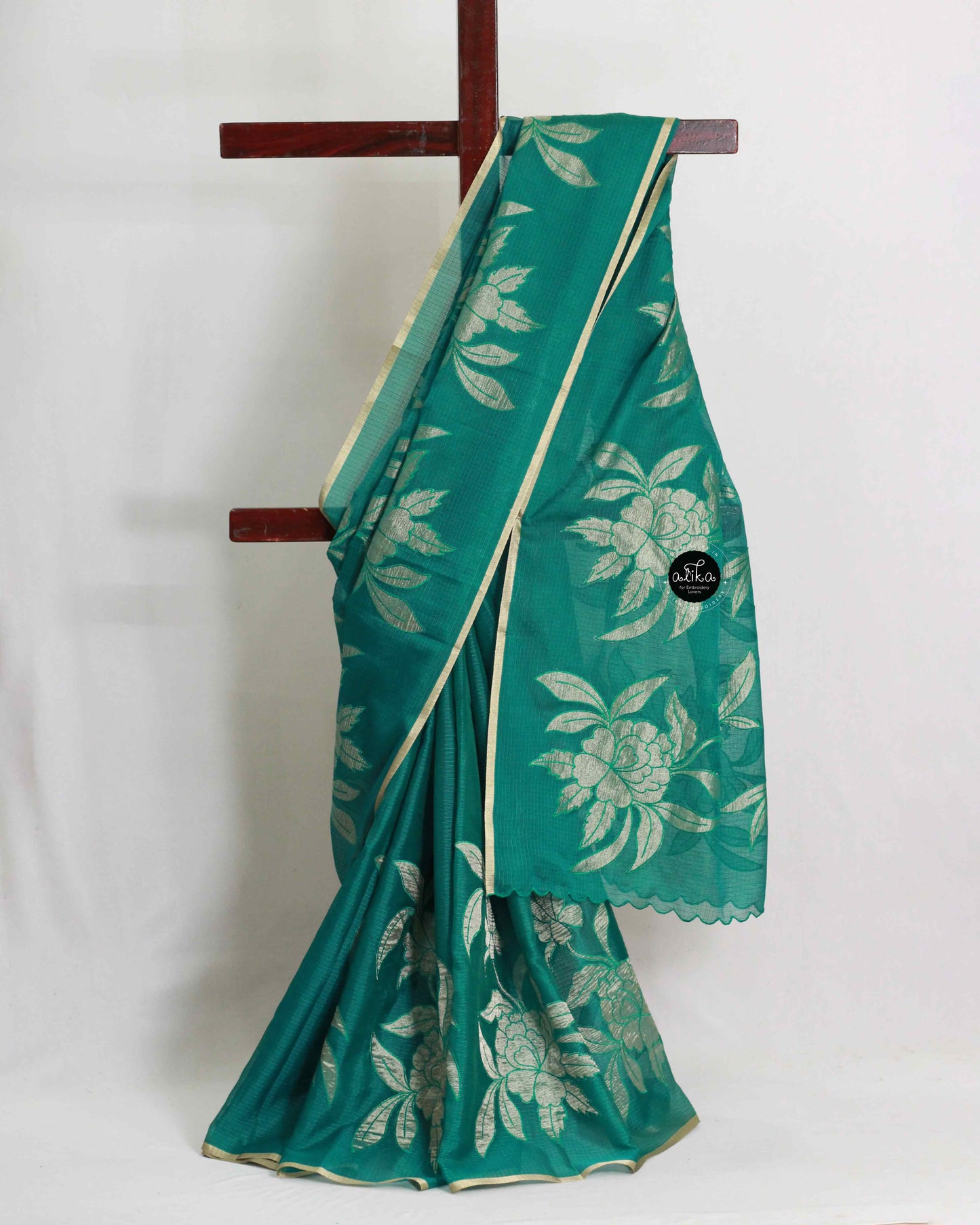 Peacock Green Semi-Organza Saree with Gold Appliqué Work – Luxury Designer Wear