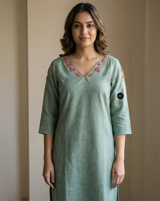 Mint Green Semi-Linen Stitched Kurti with Floral Hand Embroidery on Neckline & Sleeves
