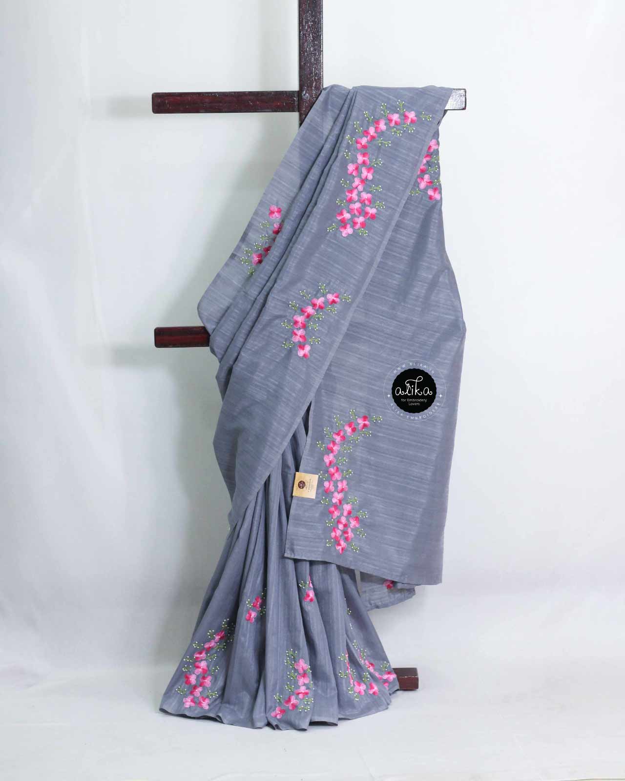 Lavender Grey Semi Silk Saree with Floral Hand Embroidery & Bead Work – Alika Fashion Store