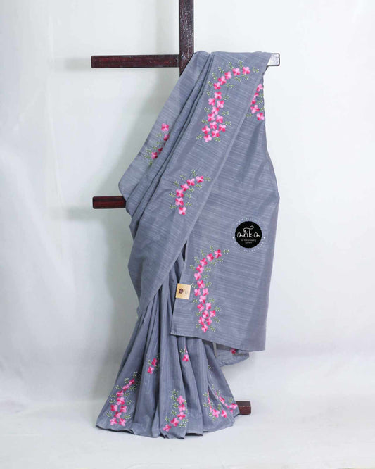 Lavender Grey Semi Silk Saree with Floral Hand Embroidery & Bead Work – Alika Fashion Store
