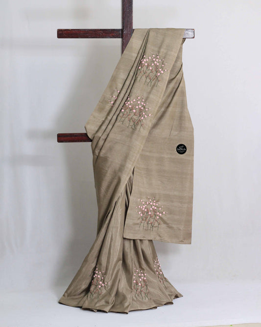 Bronze Olive Semi Silk Saree with Floral Hand Embroidery