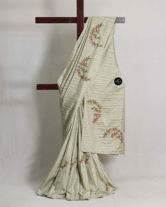 Greenish Gray Semi Silk Saree with Floral Hand Embroidery – Timeless Elegance