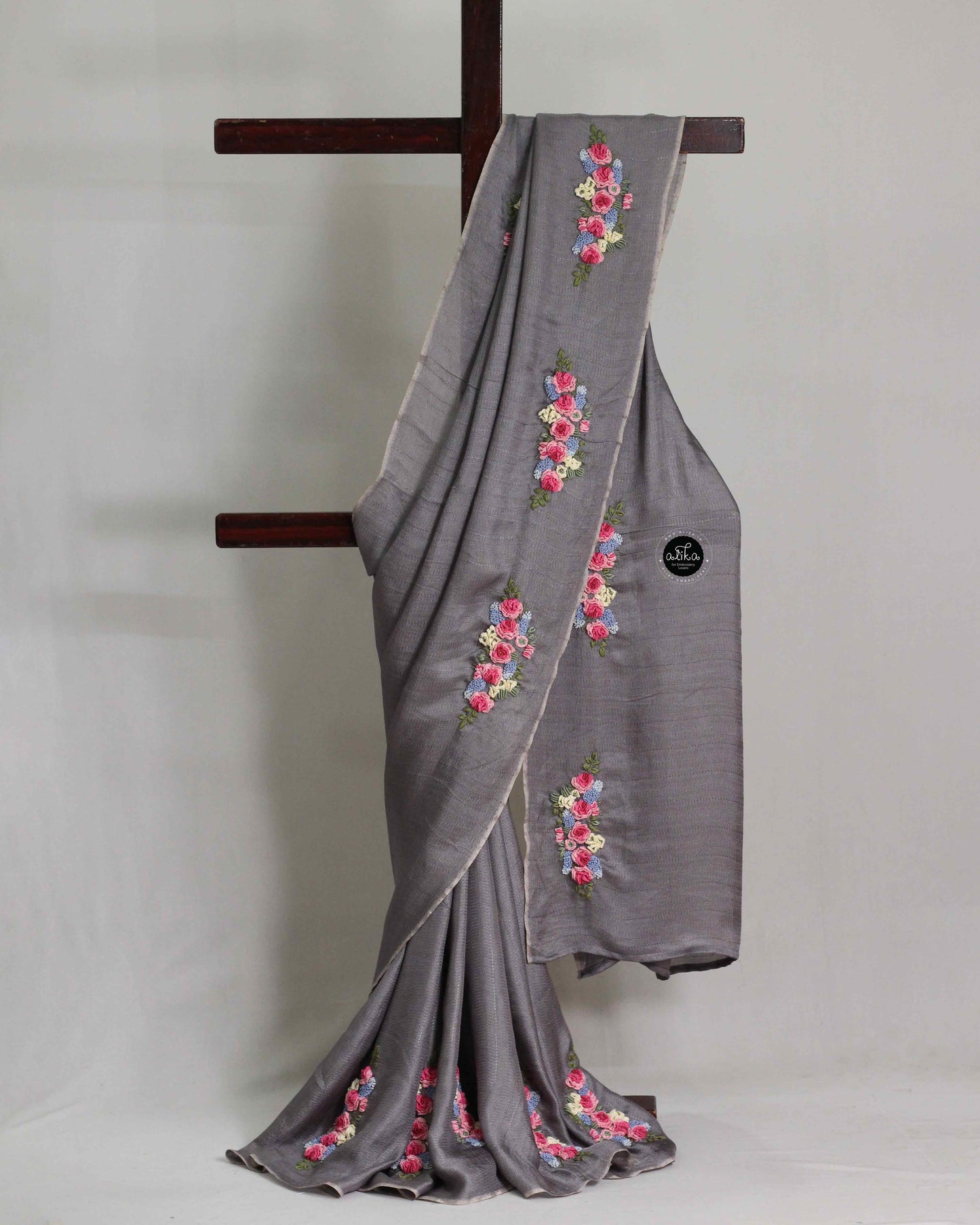 Gray Crispy Georgette Saree with Floral Hand Embroidery – Elegant Draped Wear