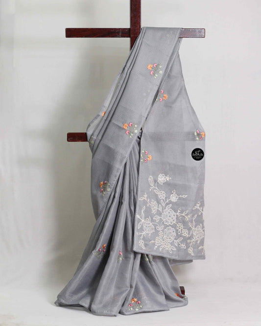 Gray Silky Kota Saree with Floral Machine Embroidery & Sequin Work