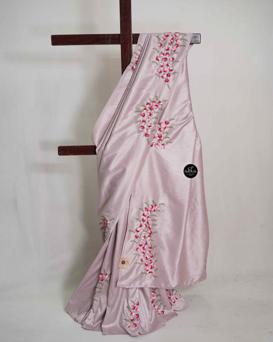 Lavender Semi Silk Saree with Floral Hand Embroidery And Bead work