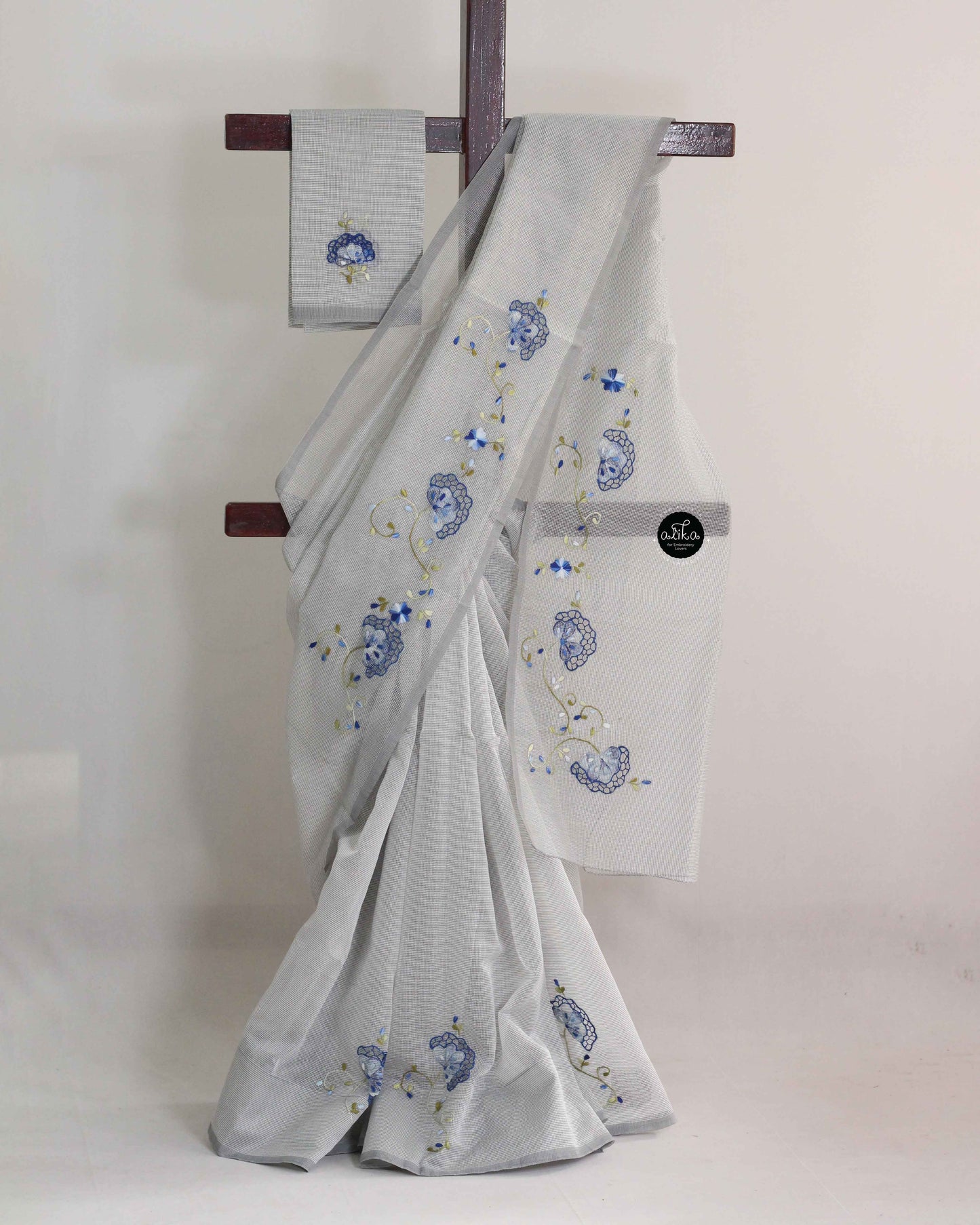 Grey Kota Saree with Floral Cutwork Embroidery