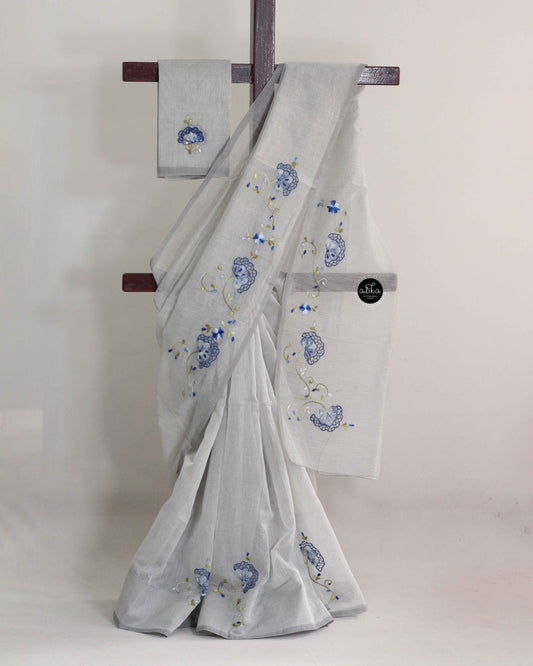 Grey Kota Saree with Floral Cutwork Embroidery
