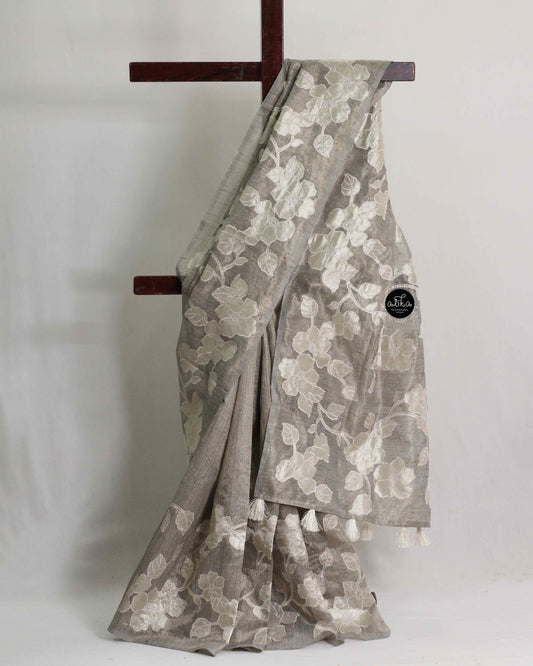 Grey Semi Tissue Saree with Floral Appliqué Work – Luxury Designer Wear