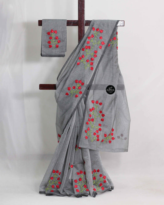 Gray Checked Kota Saree with Red Ribbon Hand Embroidery & Bead Work – Alika Fashion Store