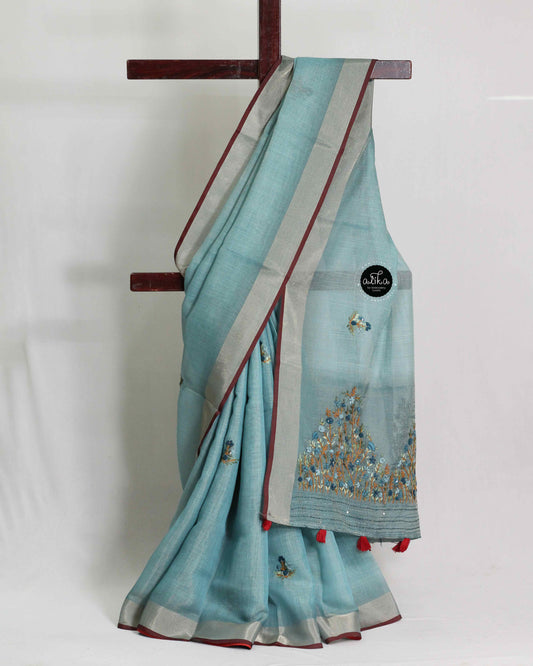 Sea Blue Tissue Linen Saree with Floral Hand Embroidery – Luxury Wear