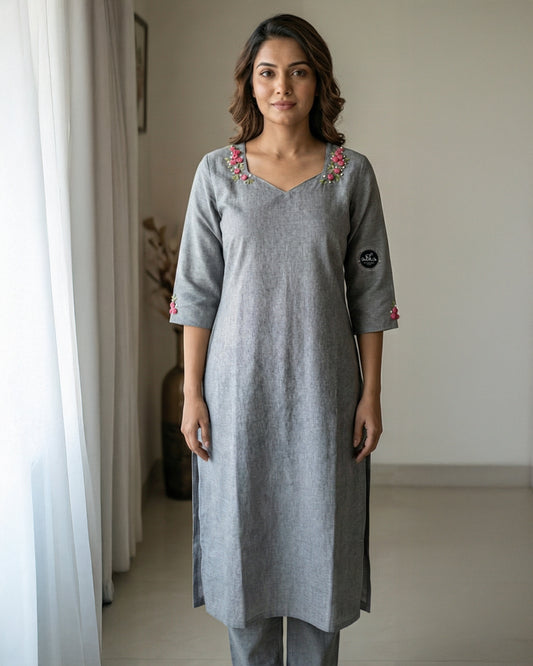 Gray Semi-Linen Stitched Kurti with Floral Hand Embroidery on Neckline & Top of the Sleeves