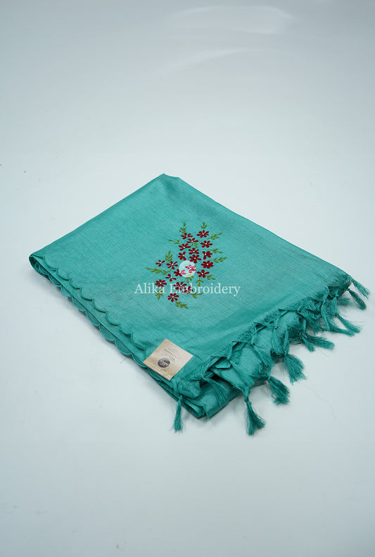 Vibrant Charm: Green Tussar Silk Saree with Red Floral Machine Embroidery and Beads