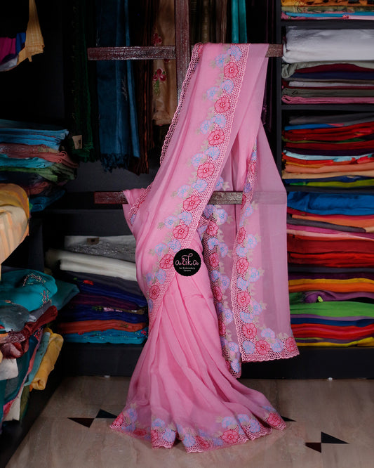 PINK ORGANZA SAREE WITH FULL BORDER CUTWORK AND FLORAL EMBROIDERY