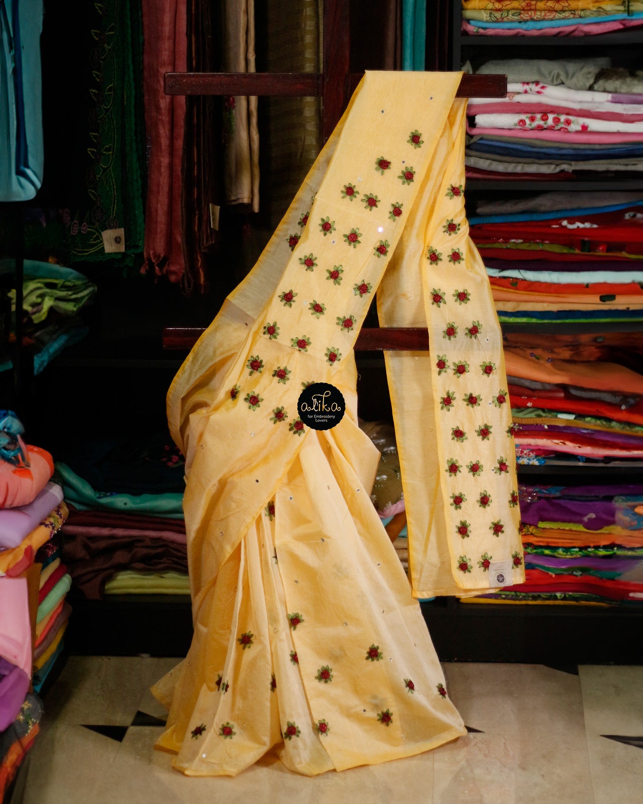 Yellow Chanderi Saree with Scattered Mirrorwork and Maroon Ribbon Work 🌟