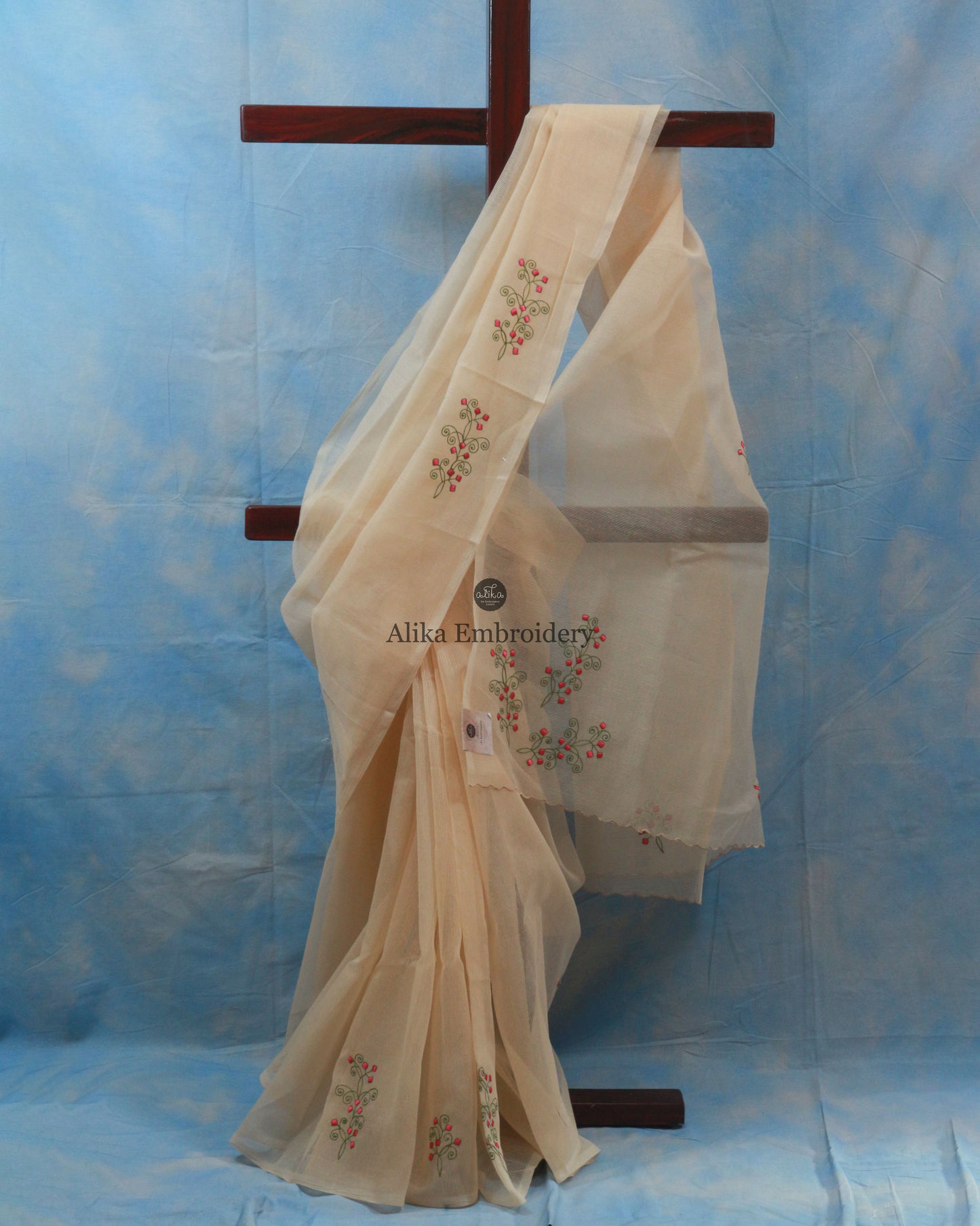 Elegant Beige Saree with Delicate Pink Machine Embroidery - Graceful Indian Attire