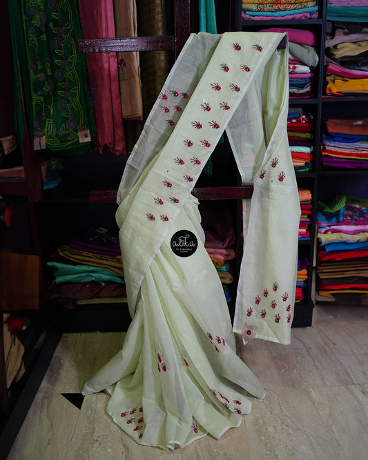 LIGHT GREEN CHANDERI SILK WITH RANI PINK BULLION EMBROIDERY
